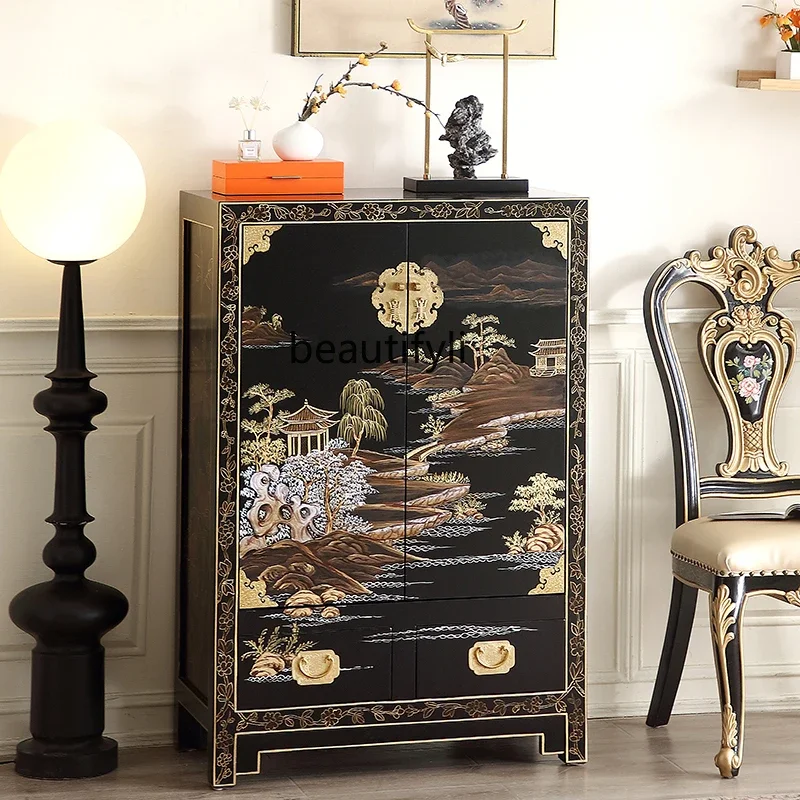 H  New Chinese Style Ming-Qing Classical Solid Wood Gold-Embossed Painted Integrated Entrance Partition Decorative Storage Cabin