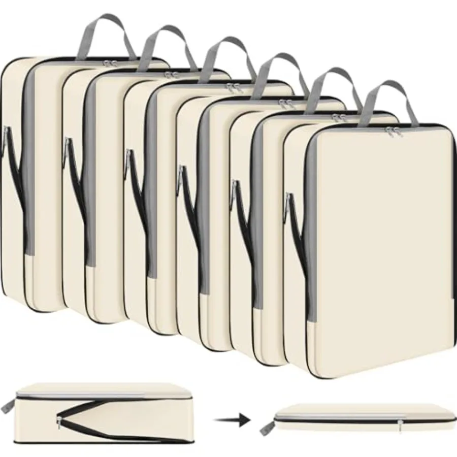 

6 Pcs Compression Packing Cubes for Travel 17.3 x 12.6'' XL Expandable Luggage Organizers for Save Space Family Long Trips Beig