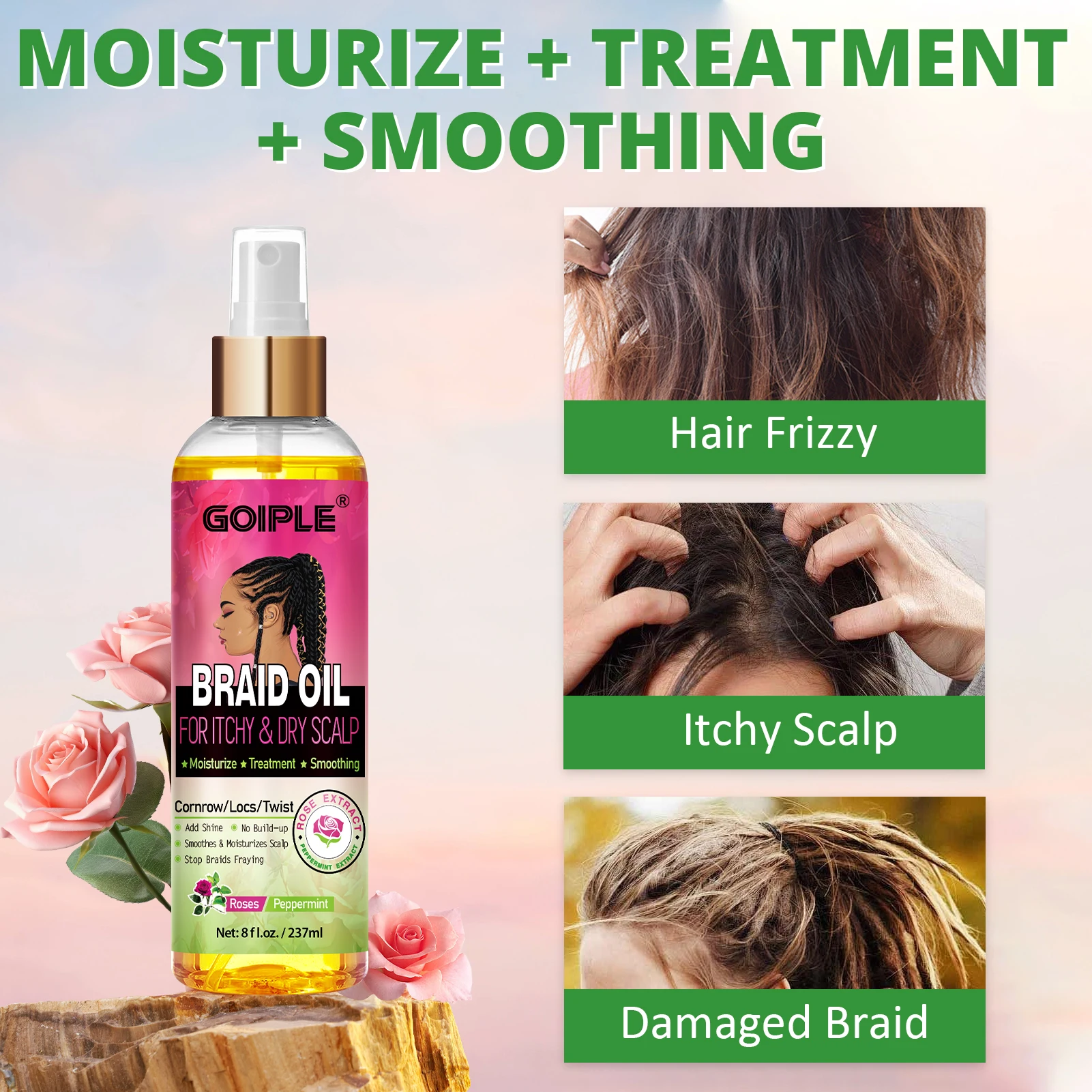 GOIPLE Natural Rose Extract Braid Oil For Itchy Dry Scalp Cornrow Locs Twist Add Shine Smoothes Moisturizes Hair Care Oil view 2