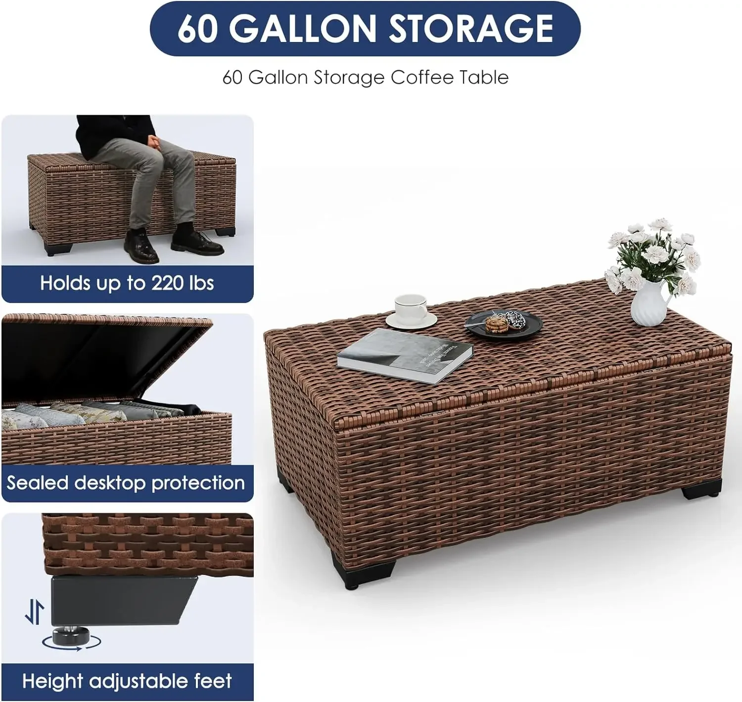 Patio Furniture Set Outdoor Sectional Furniture, Wicker Patio Sectional Sofa Rattan Couch with Storage Coffee Table