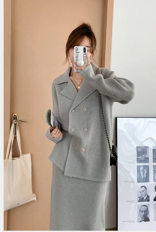 Korean Fashion Two Piece Sets Womens Outifits Autumn Knitted Sweater High Waisted Skirt Sets Cardigan Dress Sets Womens Clothing