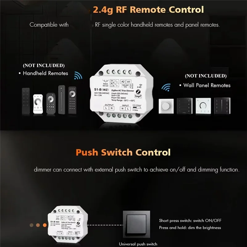 B04B-S1-B Tuya Zigbee RF AC Triac Dimmer LED Controller Push Switch Control 110V 220V 230V Smart Life APP For Alexa Assistant