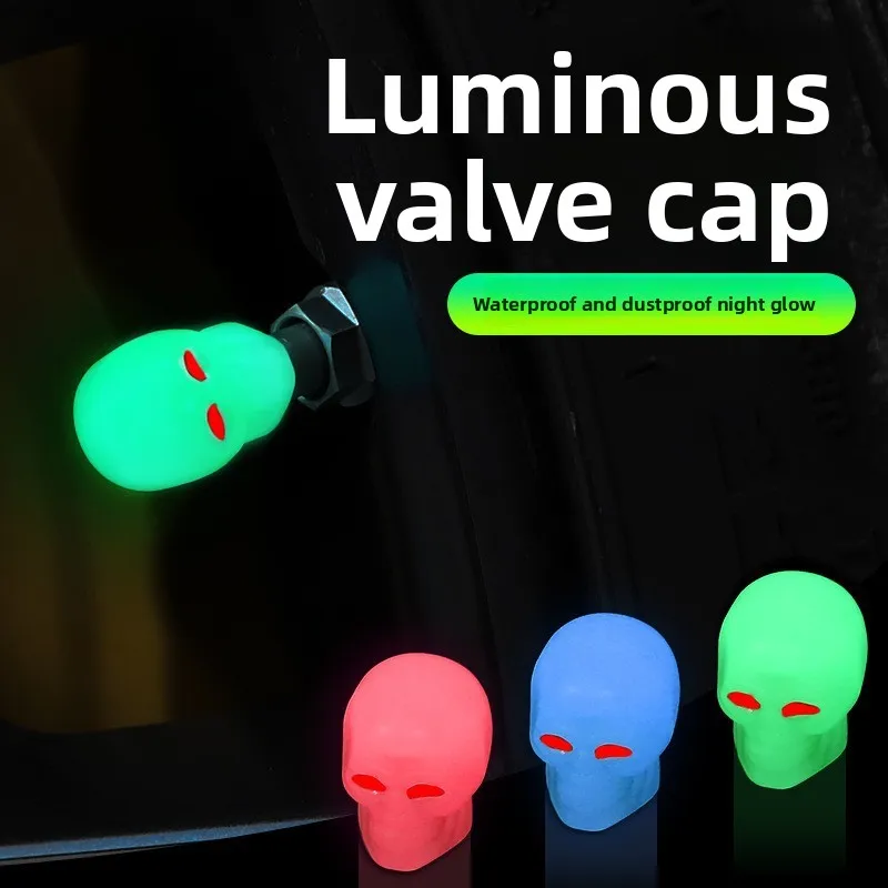 

4pcs Motorcycle Wheel Valves Nozzle Caps Decor Tire Night Glowing Nozzle Cover Skull Styling Luminous Car Bicycle Valve Cap