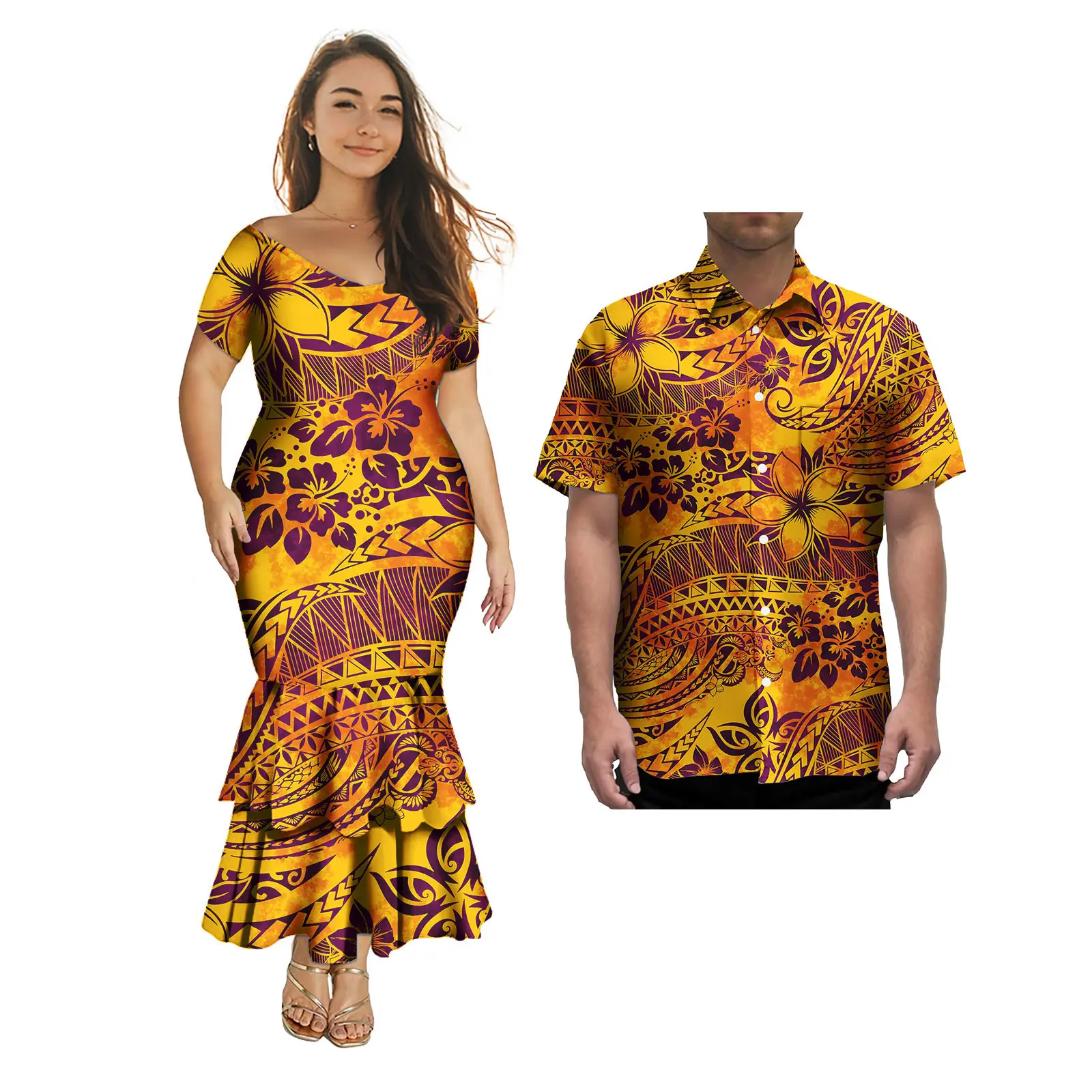 Couple Outfit Sets Ladies Evening Dresses Polynesian Pattern Design Classic Mens Hawaiian Shirts Match Women Plus Size Bodycon