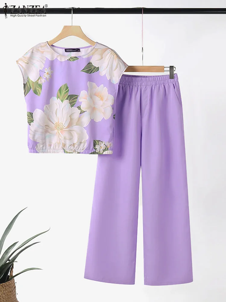 ZANZEA Holiday Summer Tracksuits Casual Floral Print Short Sleeve Top Elastic Waist Straight Trouser 2pcs Outfit Women Pant Sets