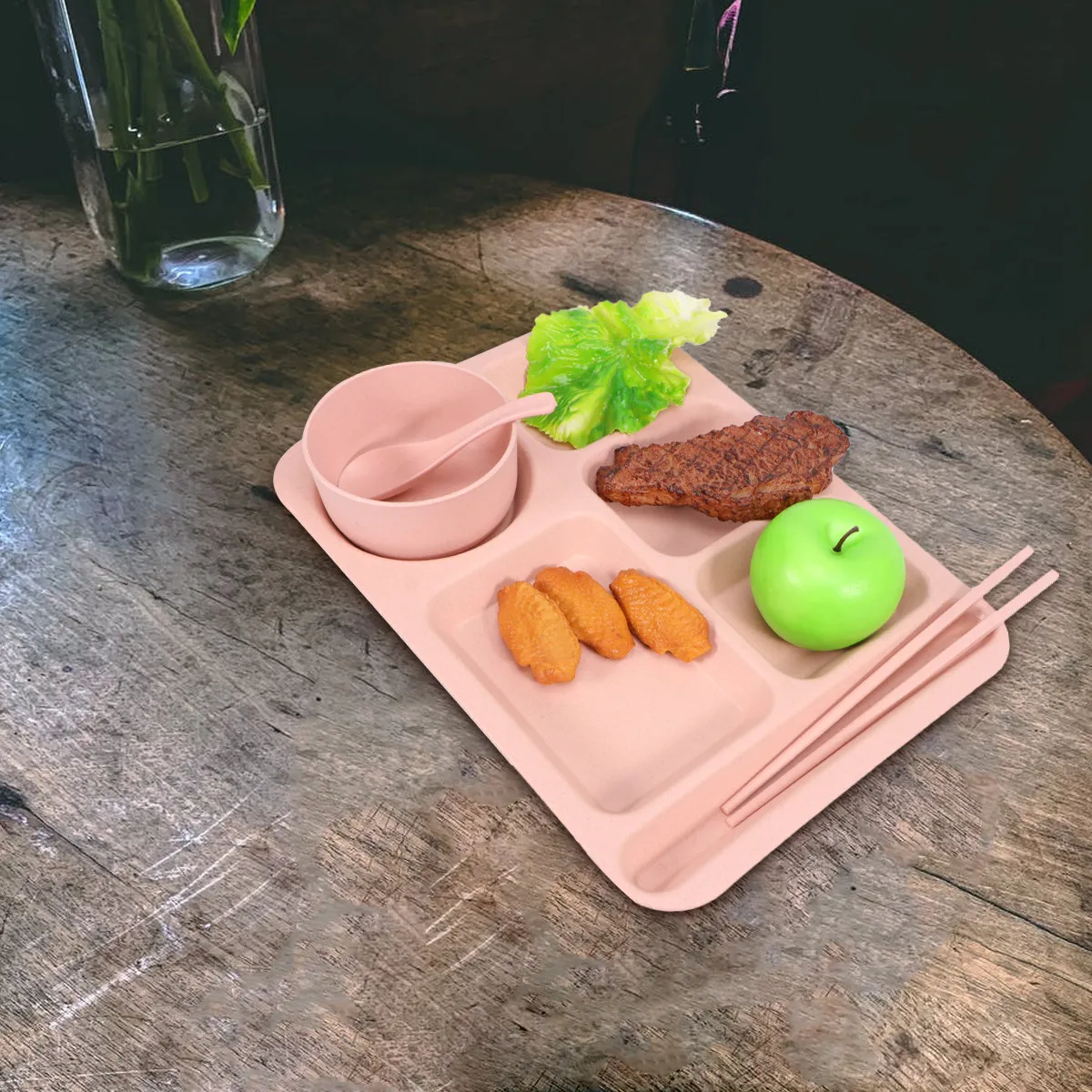 1Set Fast Food Plate Bowl Cutlery Set Creative Wheat Straw Shatter-Resistant Kids Dinner Tray Toddler Rice Pasta Salad Plates