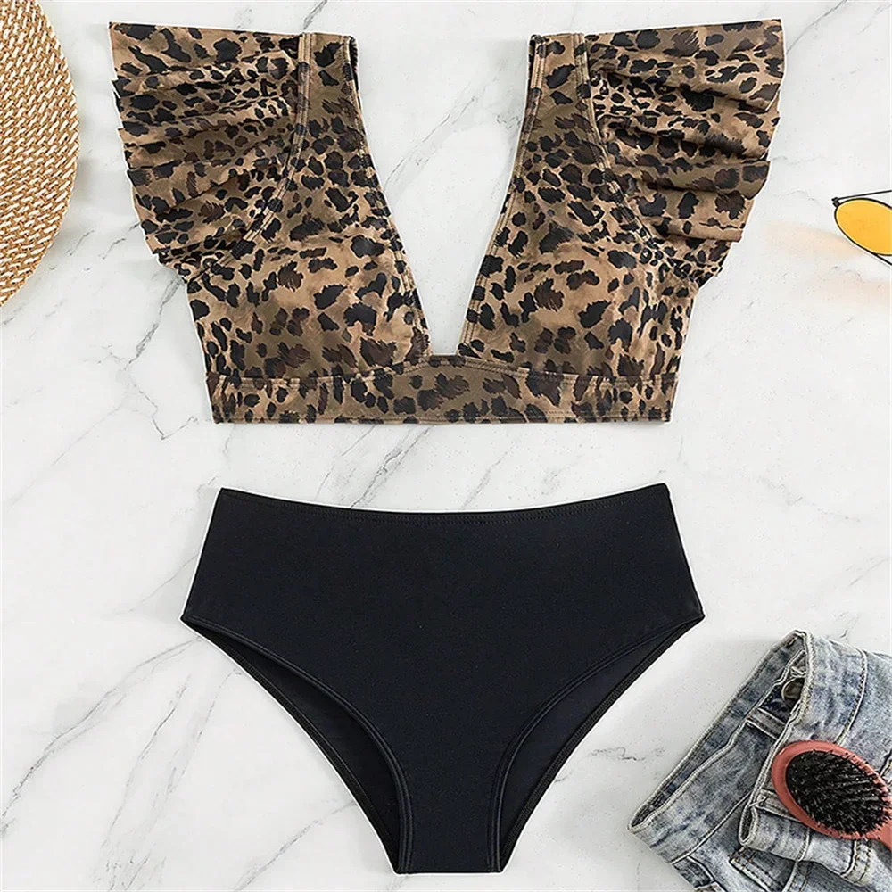 

Леопардовый топ бикини с оборками Y2K Купальники с высокой талией Купальник танкини Пляжный наряд Купальный костюм Женский комплект Biquinis Femininos Sexys