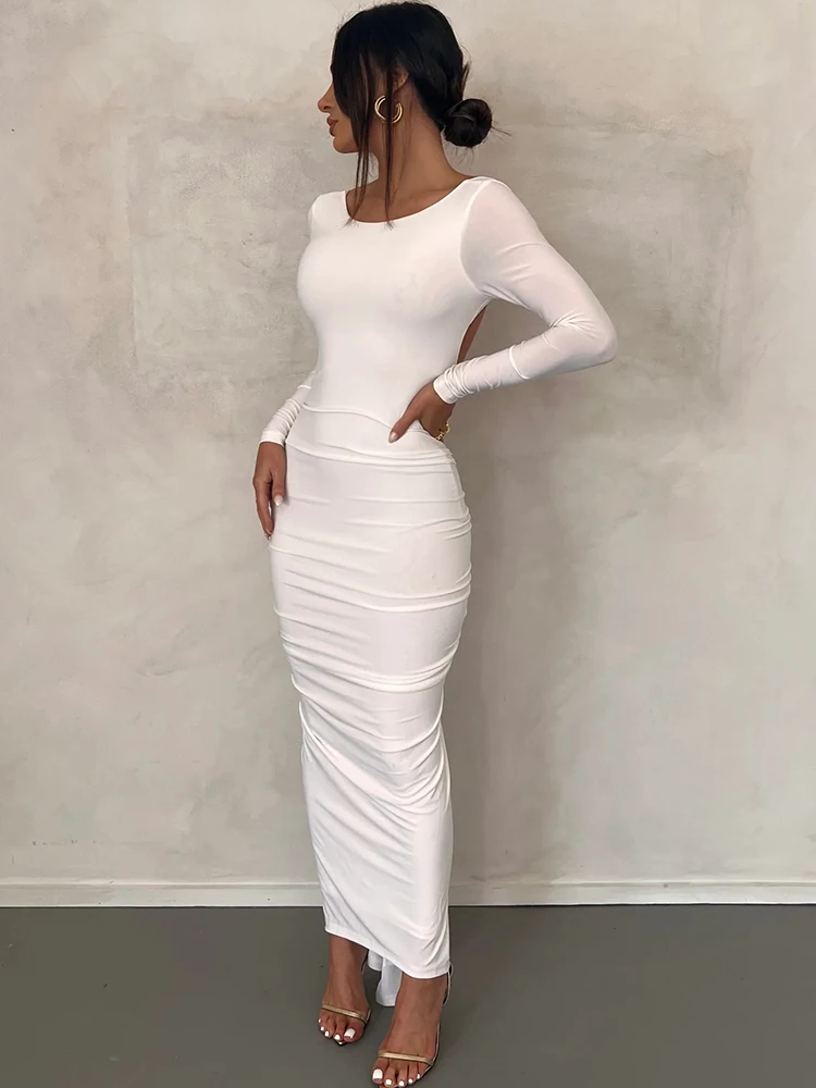 Articat Sexy Backless Ruched Maxi Dress Women White Long Sleeve Evening Dresses Female Autumn Skinny Elegant Party Clubwear 2022