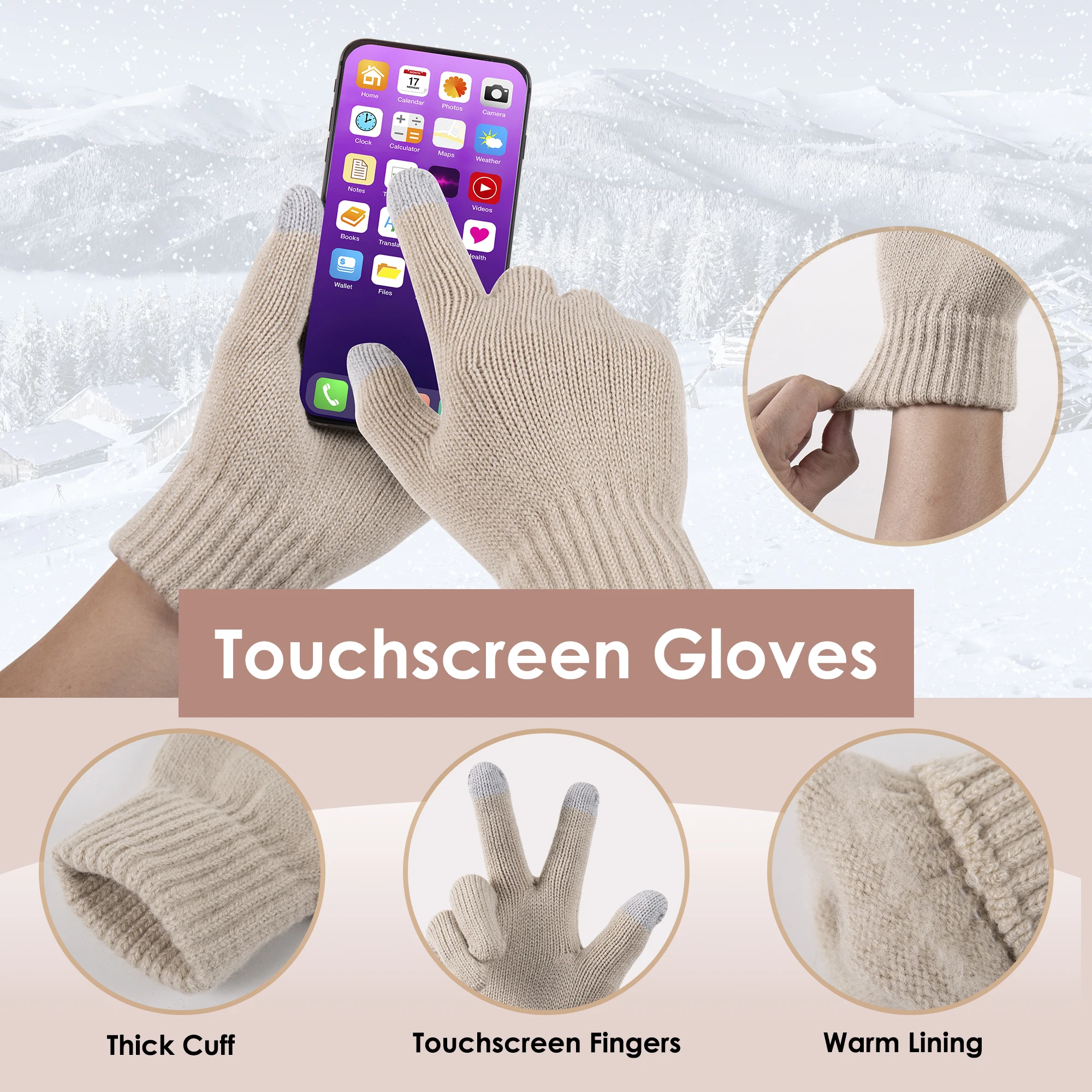 Winter Hat Beanie Scarf Touchscreen Gloves Set for Women, 3 in 1 Set with Knit Warm Long Neck Scarves Cap Gloves