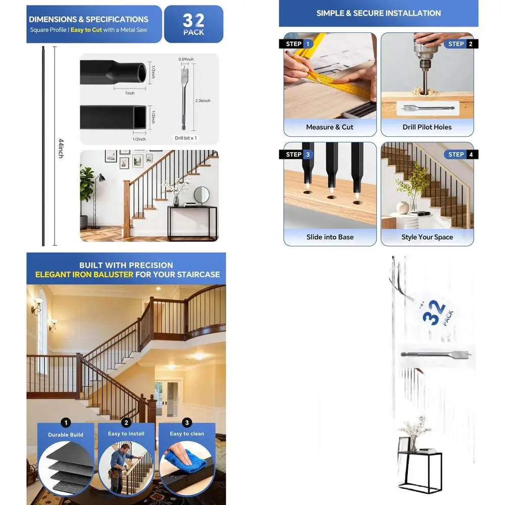 44 Square Hollow Metal Balusters, 32-Pack for Interior Staircase, 1/2 Wrought Iron Spindles, Black Indoor Railing