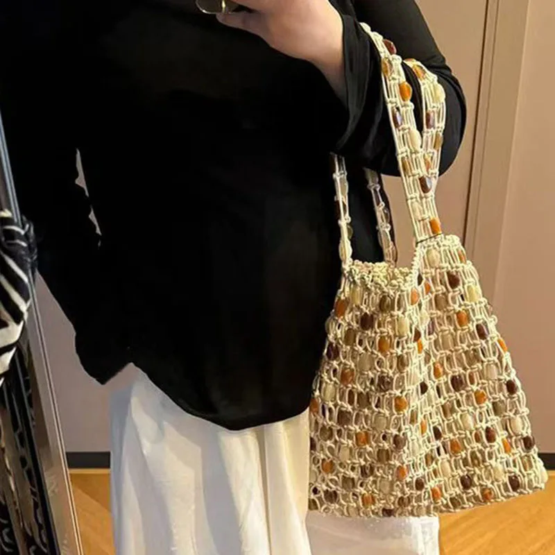 Women's Hand Woven Shoulder Bag French Casual Fashion Retro Vacation Style Colorful Beading Design Hollow Out Rectangle Handbags