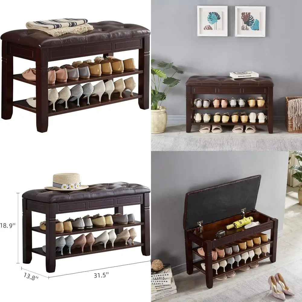 

Fiberleather Seat Entryway Shoe Rack with 2-Tier Lift Top Organizer Wooden Shoe Storage Bench for Hallway and Entryway
