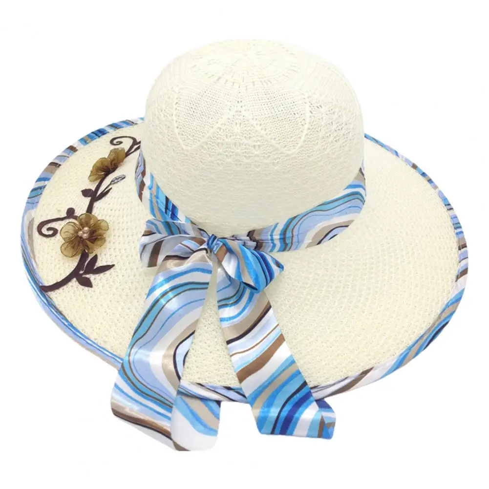 

Women Hat Ribbon Bowknot Decor Flower Stitching Sun Hat Foldable Wide Brim Floppy Straw Hat Costume Accessories