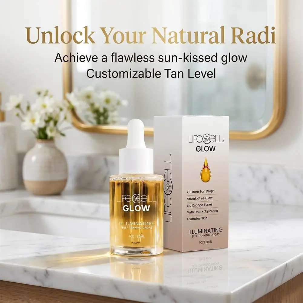 Gotas Autobronceadoras LifeCell Glow 30ml, Bronceado Personalizado sin Rayas con DHA, Escualano, Suero Hidratante e Iluminador