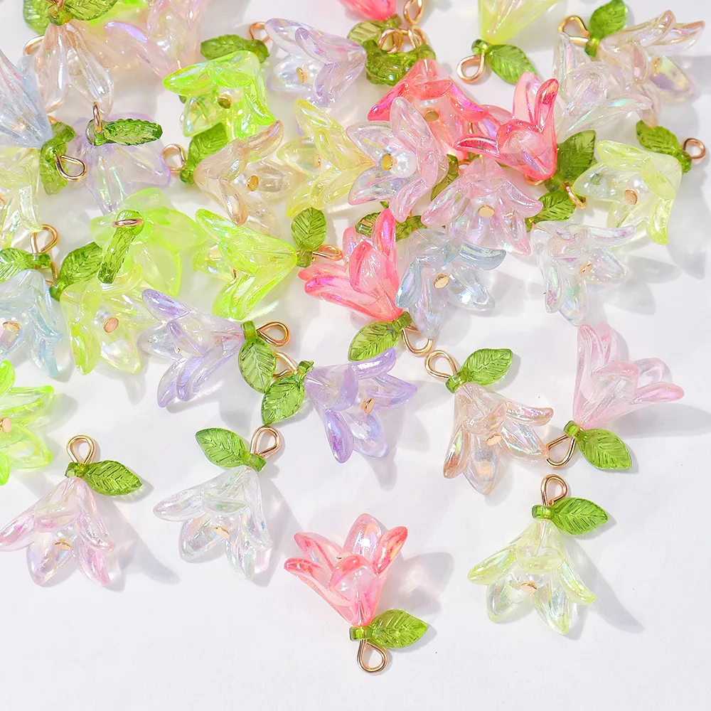 20pcs Cute Pearl Lily Flowers Pendant Green Leaf Flower For DIY Jewelry Making Accessories Handmade Earring Necklace Bracelet