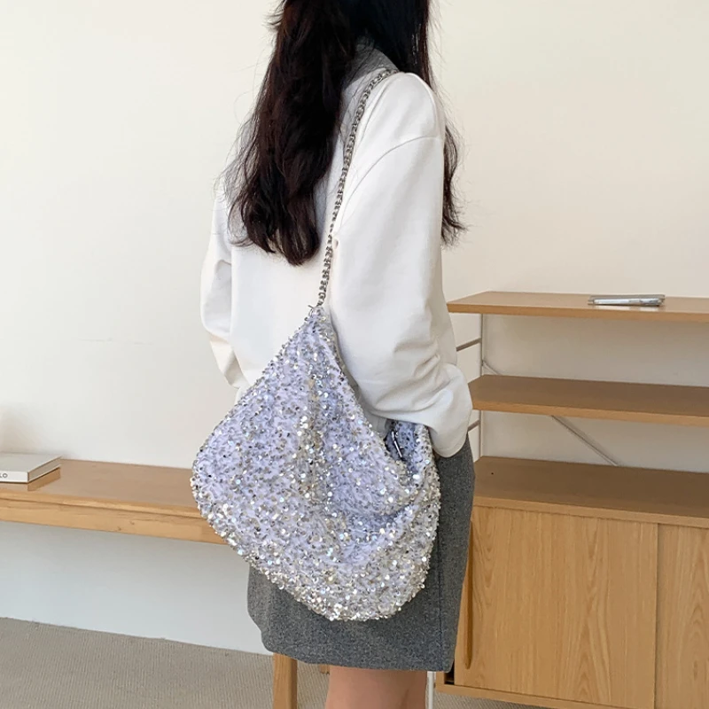 Sequin Tote Bags for Women New Trend Personality All-match Casual Shopping Travel Crossbody Sweet Large Capacity Unique Design