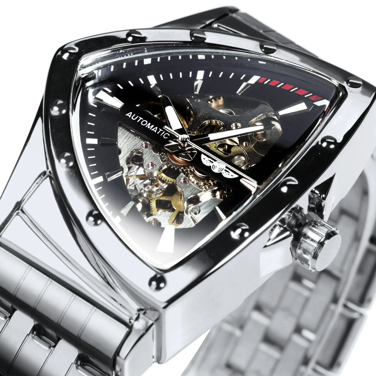 WINNER Military Triangle Skeleton Watch for Men Irregular Automatic Mechanical Watches Silver Luxury Brand Stainless Steel Strap