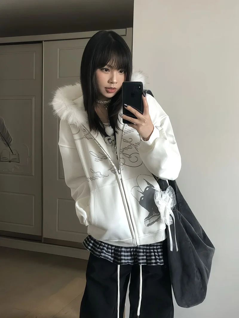 الأمريكية خمر طويلة الأكمام مقنعين فو الفراء المرأة عادية طباعة Kawaii Y2K ريترو الشارع الشهير ثقافة فرعية Harajuku الخريف القمم #2