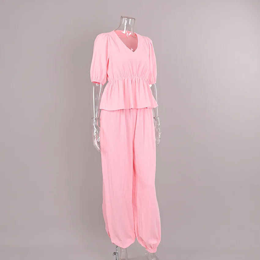 2026 Elegant High Waist Long Pants With Ruffles V Neck Blouse 2 Piece Sets Women Summer Casual Pink Cotton Trousers Suit