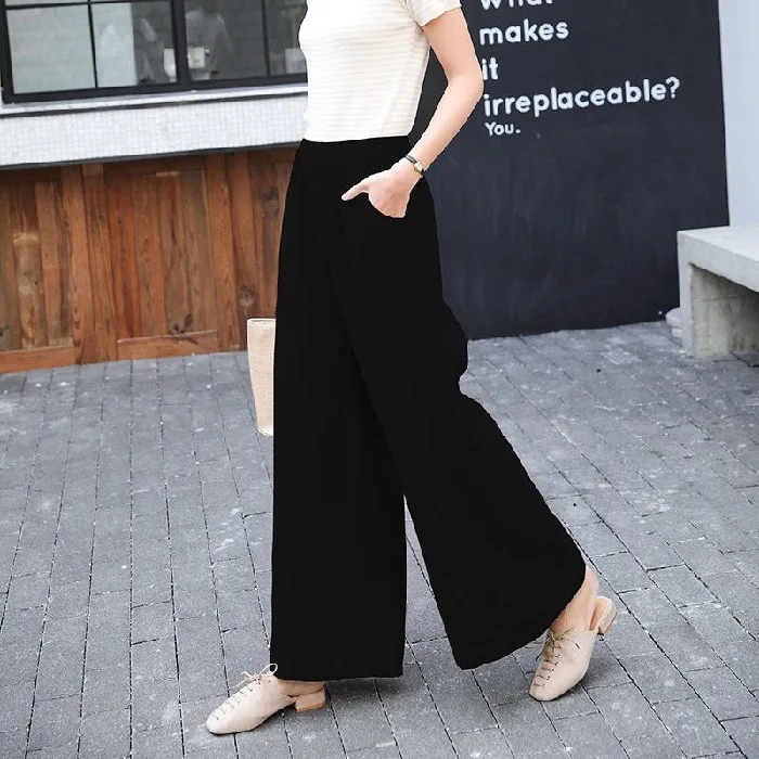 กางเกงขายาวเอวสูงผ้าฝ้ายลินินทรงขากว้างสำหรับผู้หญิง สไตล์ลำลอง ทรงตรง หลวม สบาย ความยาวเก้าส่วน