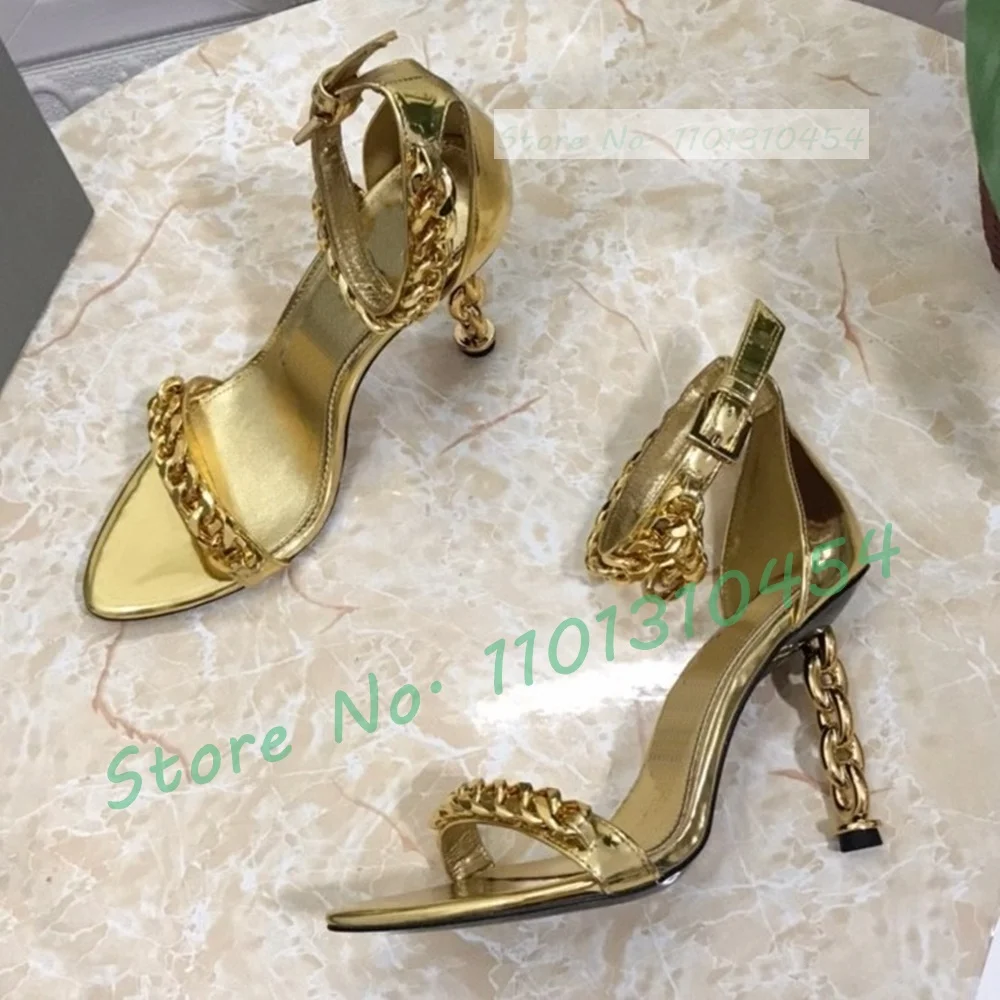 Chain-link Heel Leather Sandals Female Sexy Metal Ankle Strap Pointy Shoes Women Luxury Casual Fashion High Heels Party Sandals