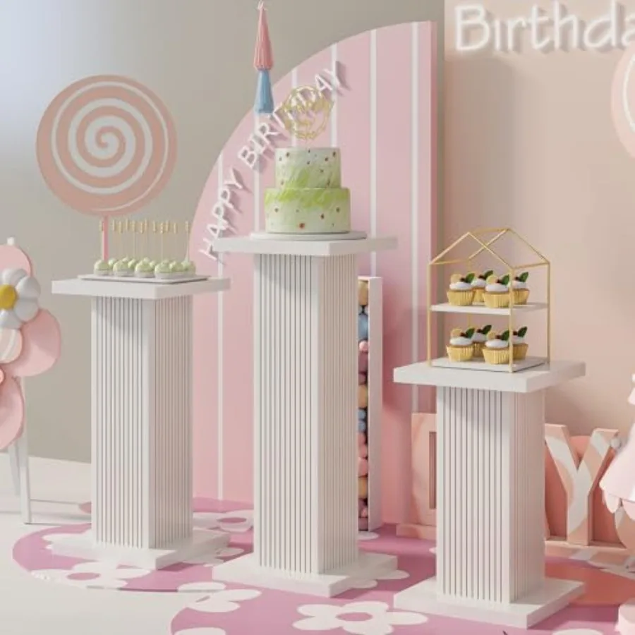 Pedestal Stands for Party with Fluted Panel 3Pcs White Square Pedestal Display Plinth Pillars for Parties Wood Cake Stand Desser