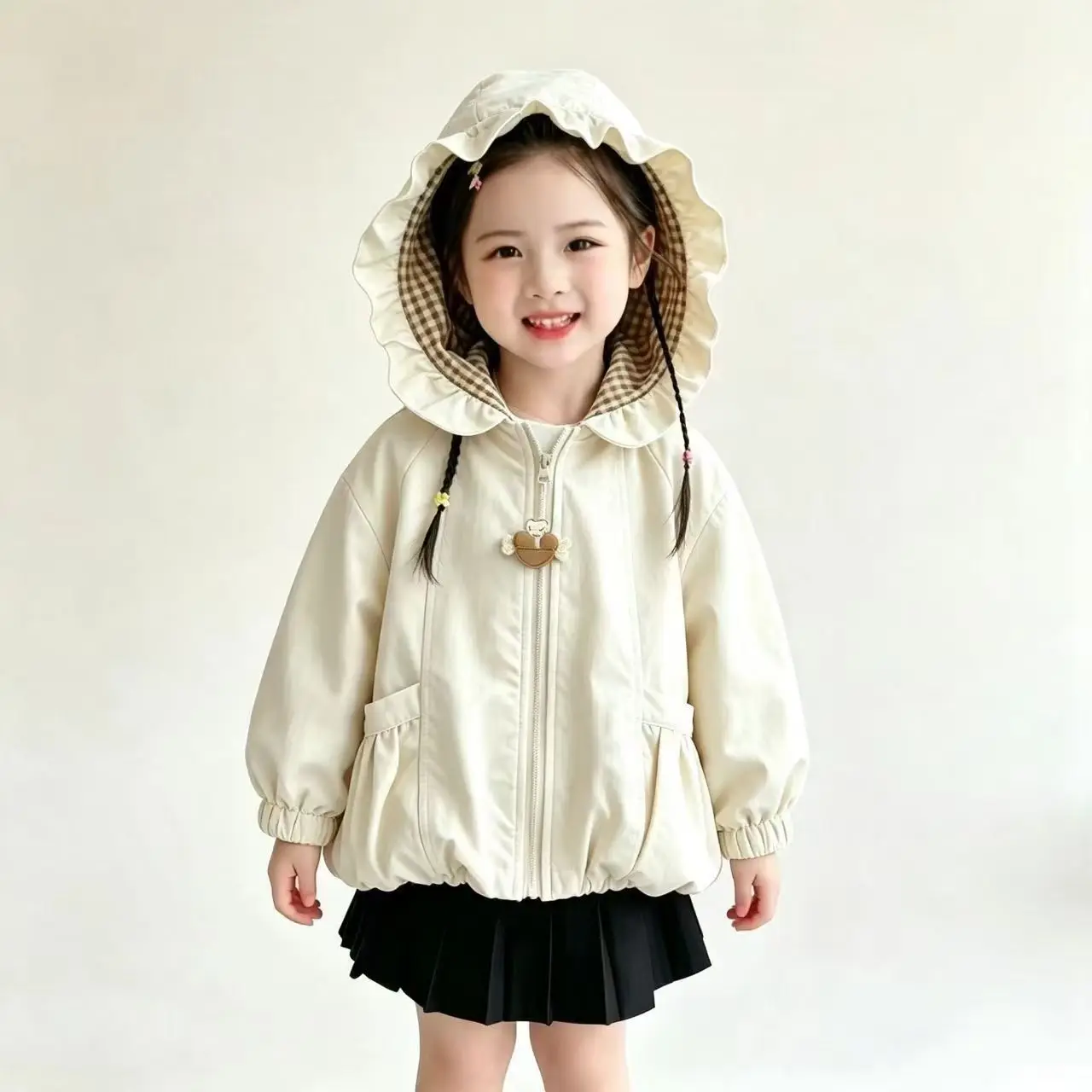 Girls Autumn Hooded Lotus Leaf Lace Hat Trench Coat Plaid Lining Loose Baby Foreign Jacket