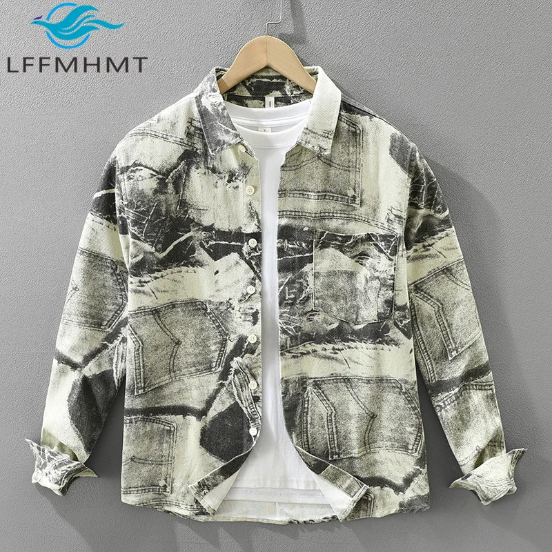 

7681 100% Cotton Japanese Style Long Sleeve Shirt for Men Spring Autumn Trendy Vintage Print Simple Basic Loose Casual Tops Male