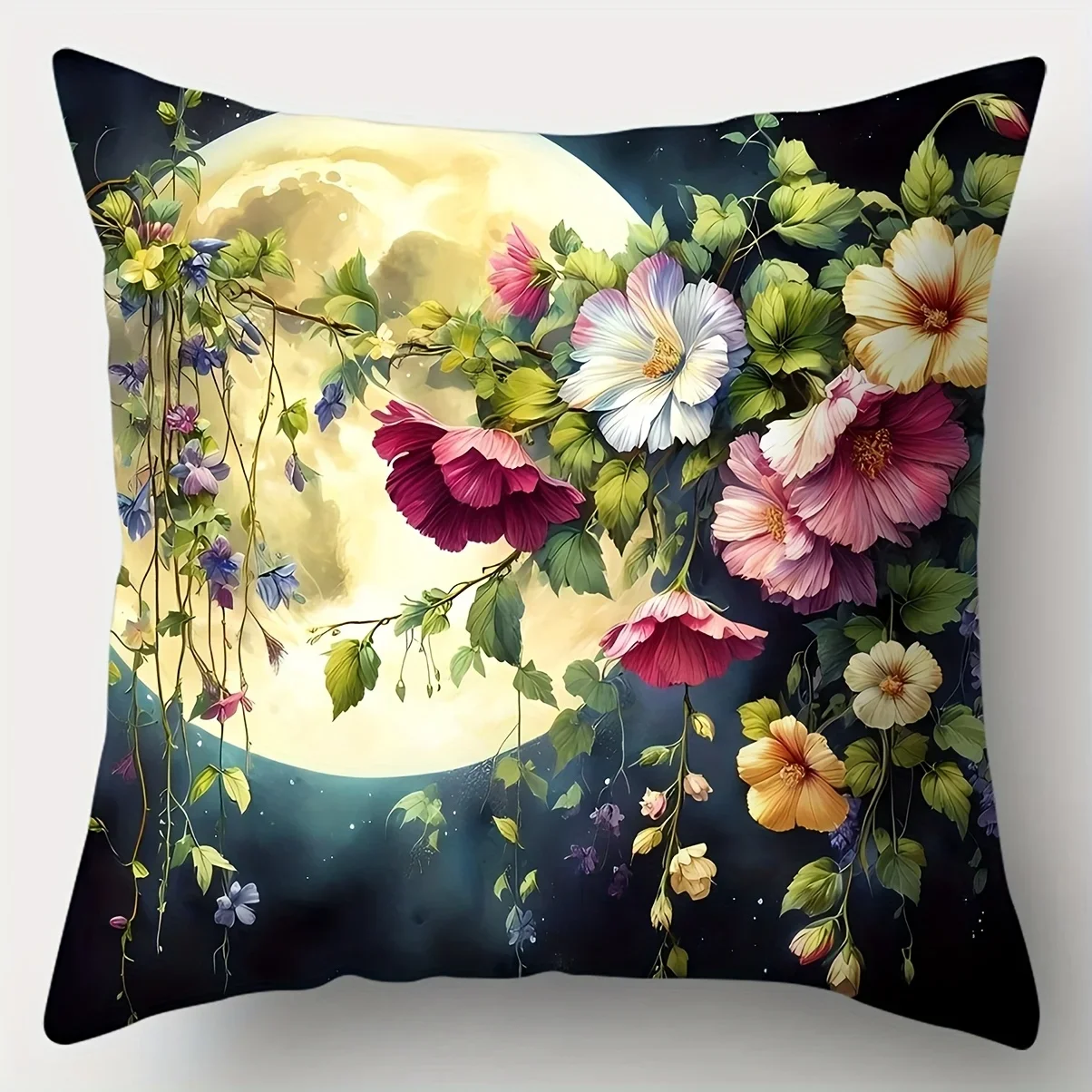 Four-Pack Throw Pillow Covers with Moon and Floral Garland Design for Living Room Decor