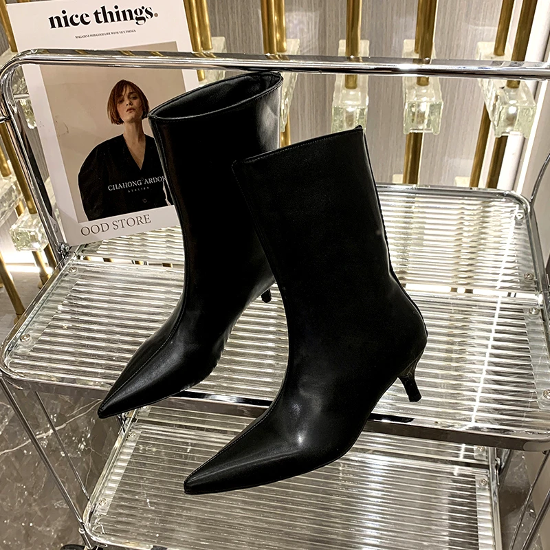 Botas puntiagudas de tacón alto para mujer, zapatos de media caña, de diseñador, nueva marca, 2024