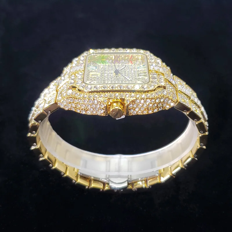 UNIGUET 2025 montre de luxe en diamant pour hommes cadran arc-en-ciel calendrier à Quartz Hip Hop montre-bracelet glacée accessoire de mode pour hommes