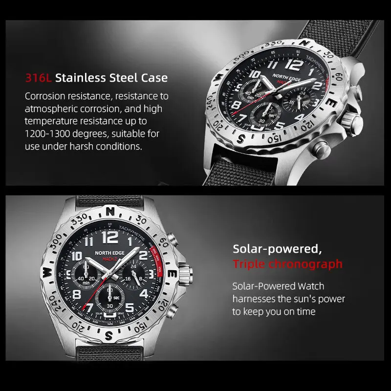 NORTH EDGE Solar Watches for Men 2024 MACH2 New Solar Drive Chronography Quartz Watches Pilot Waterproof 50M Relogio Masculino