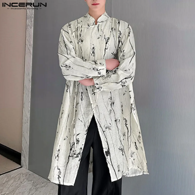 

INCERUN Tops 2024 Korean Style Men Thin Stand Neck Printed Tie Up Design Shirts Casual Streetwear Male Long Sleeved Blouse S-5XL