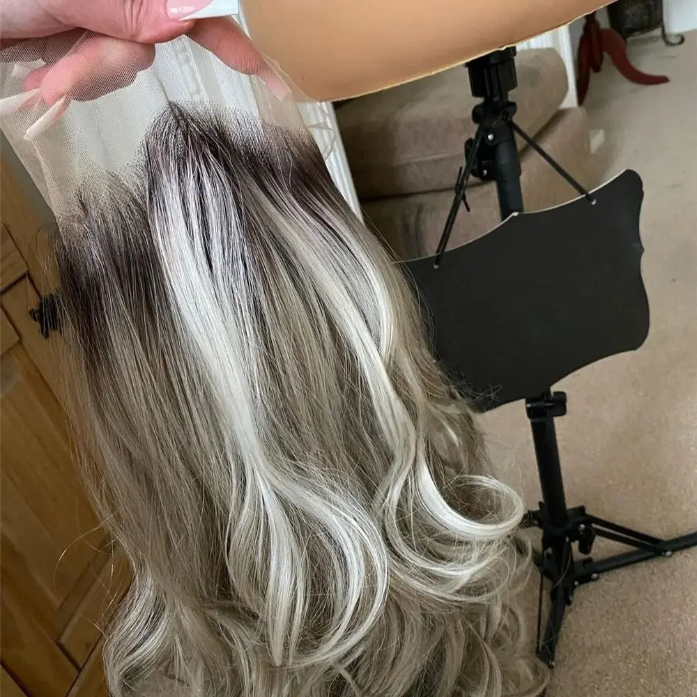 White Blonde 26 Inch Body Wave High Quality Synthetic Lace Wig 13*4 Glueless Rocker Costume Dark Roots Balayage Cosplay Wig