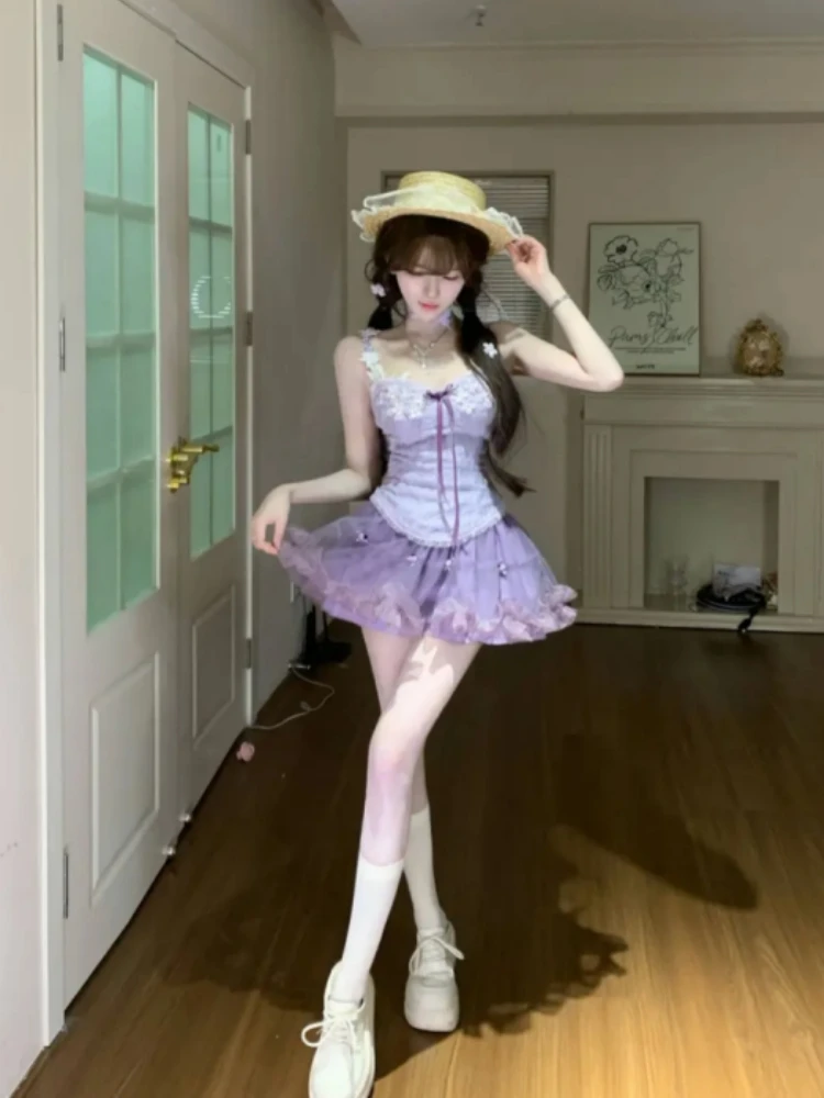 Korean Sweet Spicy Girl Set Women Summer Design Heavy Work Flower Strap Top High Waist Slimming Mesh Half-length Skirt