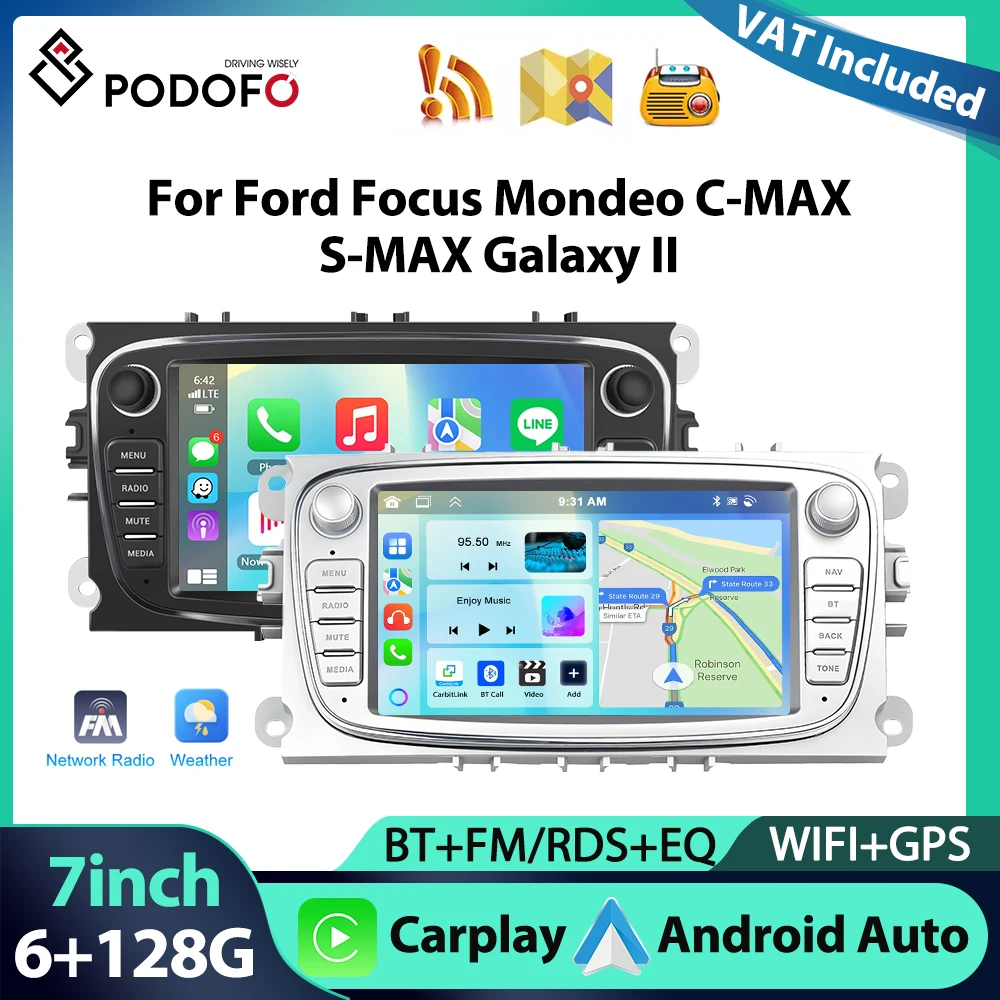 podofo Autoradio 6+128G 7'' per Ford Focus II S-Max Mondeo 9 C-Max Galaxy II, lettore multimediale con WIFI, Carplay, Android Auto, navigazione GPS, F