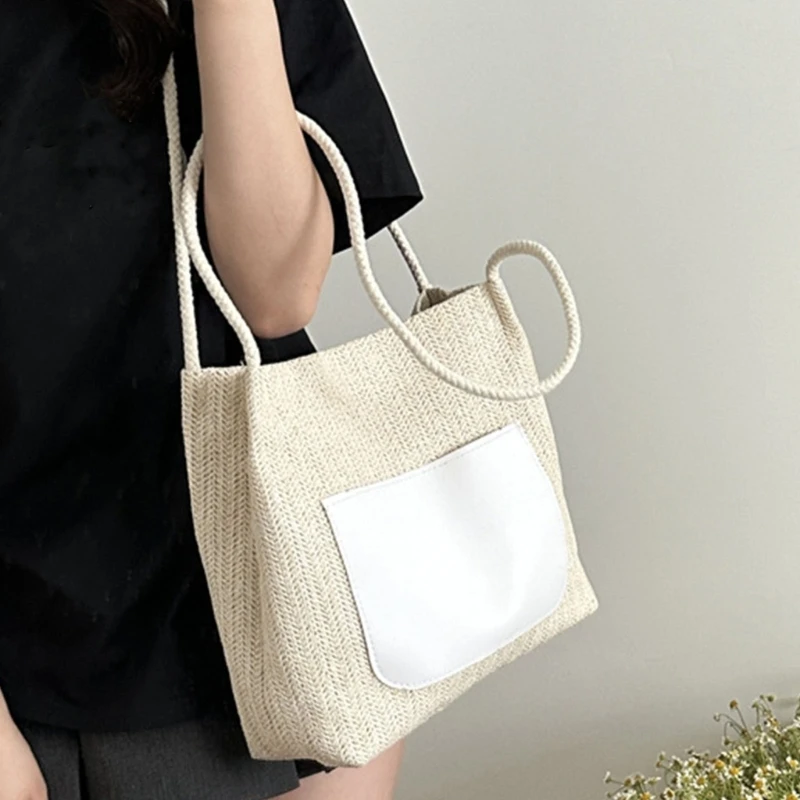 Women Fashion Beach Woven Straw Shoulder Bag Leather Stitching Pocket Large Capacity Handbag for Vacation and Shopping