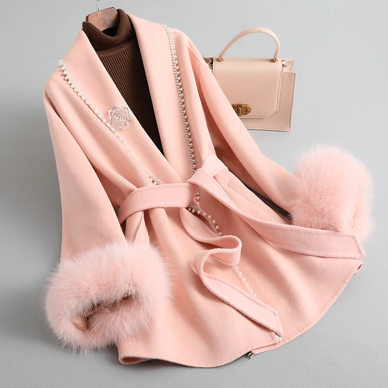 

New coat double-sided woolen fox fur coat Pearl with diamond in the long section.