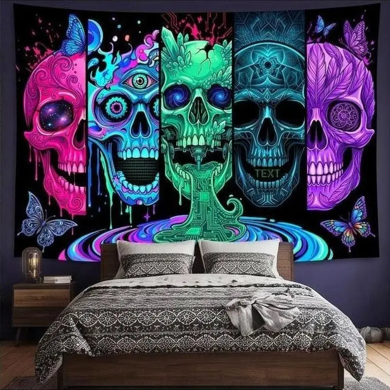 VIKAMA Neon Skull Panels Tapestry Colorful Butterflies Trippy Wall Hanging UV Blacklight Reactive Dorm Bedroom Wall Decor