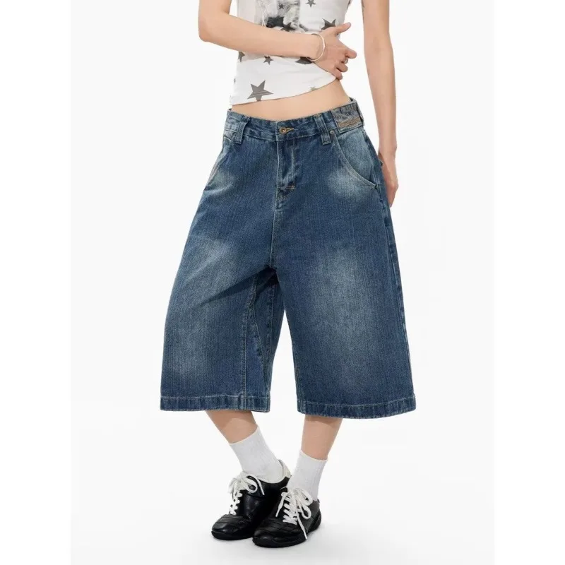 Summer Women's Fashion Button-Up Denim Shorts Unisex Calf-length Pants Girl High Waist Half Trousers Female Wide Leg Streetwear