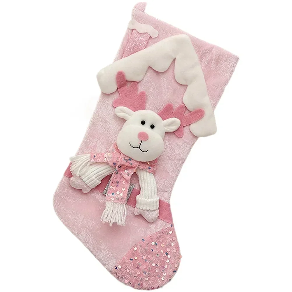 

Праздничный декор, розовые блестящие чулки, праздничная вечеринка, розовый щедрый размер для хранения подарков, рождественский носок с изображением лося и оленями