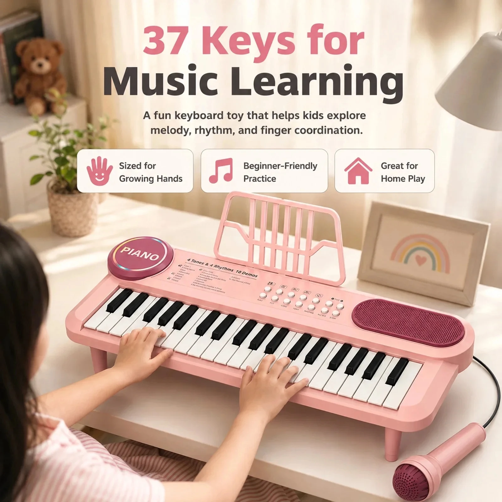 37 Keys Kids Electronic Piano Keyboard Battery Powered Musical Toy with Microphone Smart Teaching for Beginners 3-6 Years Old