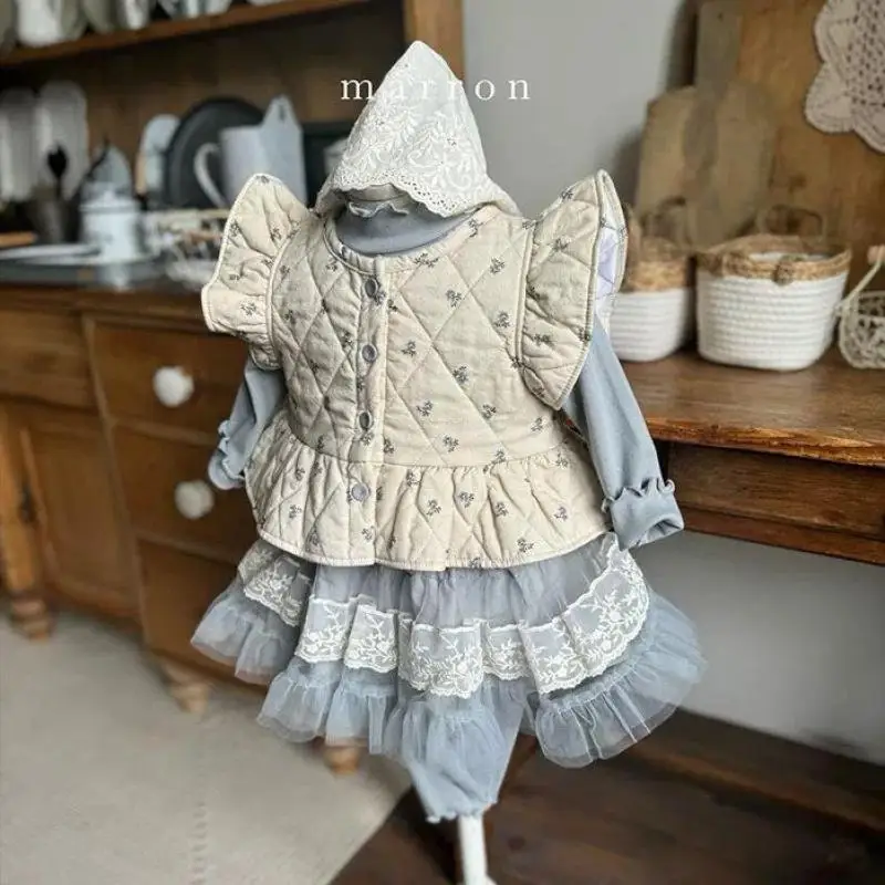 2024 Autumn New Baby Girl Sleeveless Floral Vest Cotton Infant Toddler Casual Lace Coat Girls Thick Warm Princess Clothes