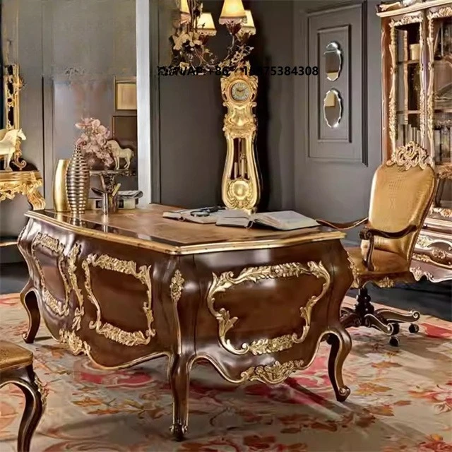 Luxury Villa Desk Italian French Style Office Desk Large-Space Imperial European Solid Wood Carved Computer Desk Furniture