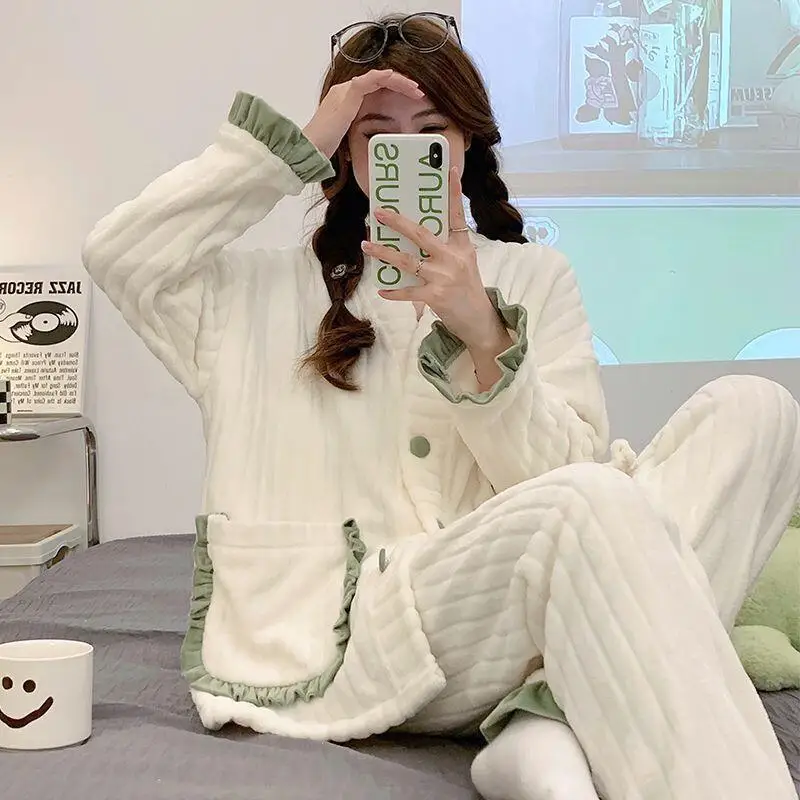 

Осенне-зимний женский пижамный комплект, милый кардиган, домашняя одежда, утепленная теплая фланелевая ночная рубашка из кораллового флиса, комплект одежды для сна для девочек