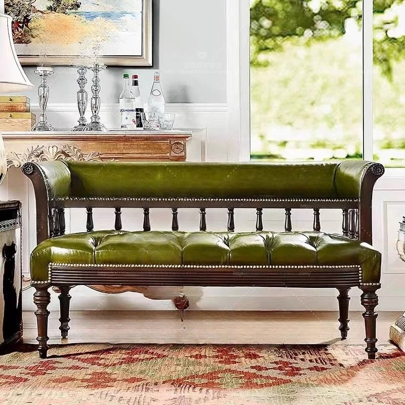 

American country solid wood leisure sofa villa, leather art sofa, French buckle double sofa