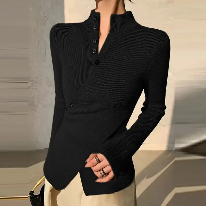 

Осень-зима, модный вязаный топ с воротником-стойкой, повседневная однотонная блузка на пуговицах с длинными рукавами, элегантный уличный свитер в рубчик