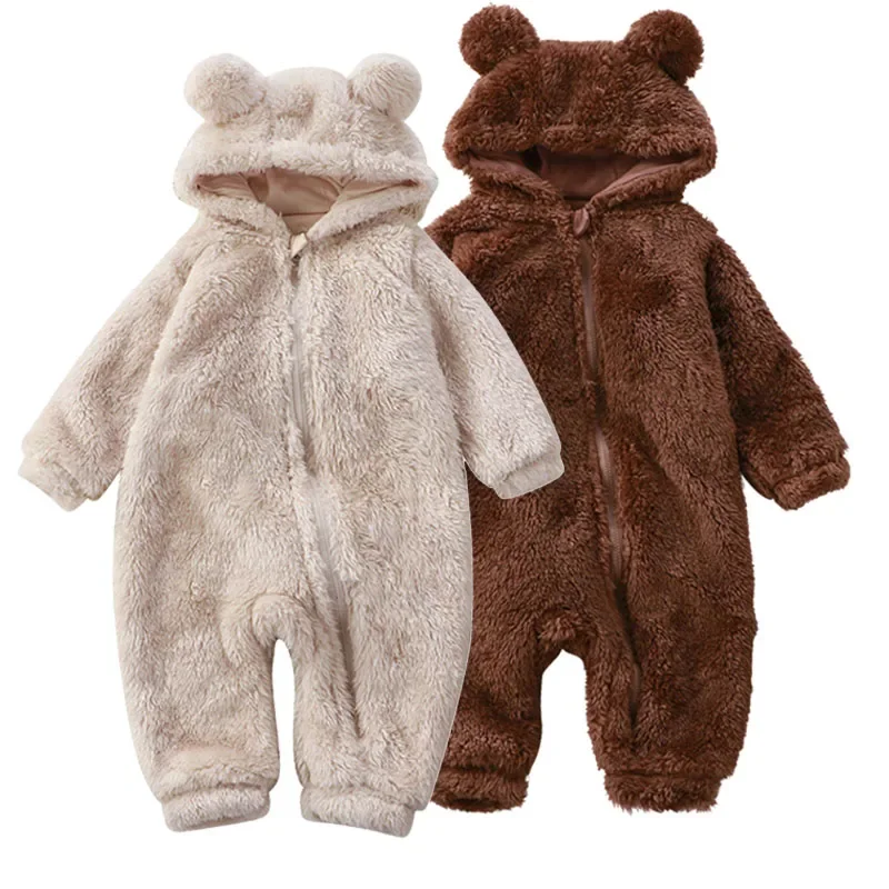 

Winter Warm Hoodied Baby Rompers for Boys Girls Bear Ear Hood Fleece Onesies Infant Jumpsuits Pyjamas Sleepwear Toddler Overall