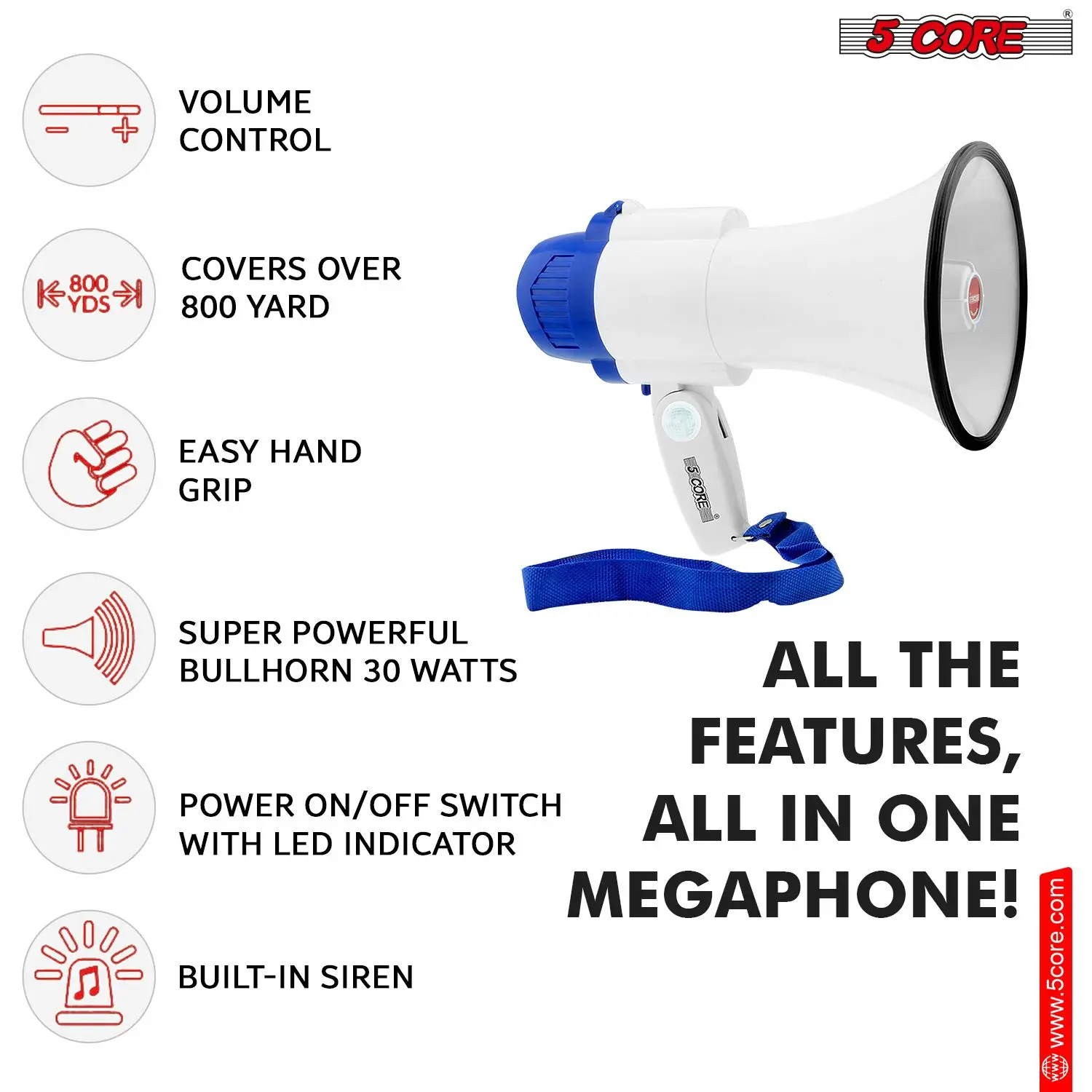 Megaphone Bull Horn 30W Loud Speaker 800 Yards Range Rechargeable Portable USB Bullhorn w Recording Volume Control Siren Noise