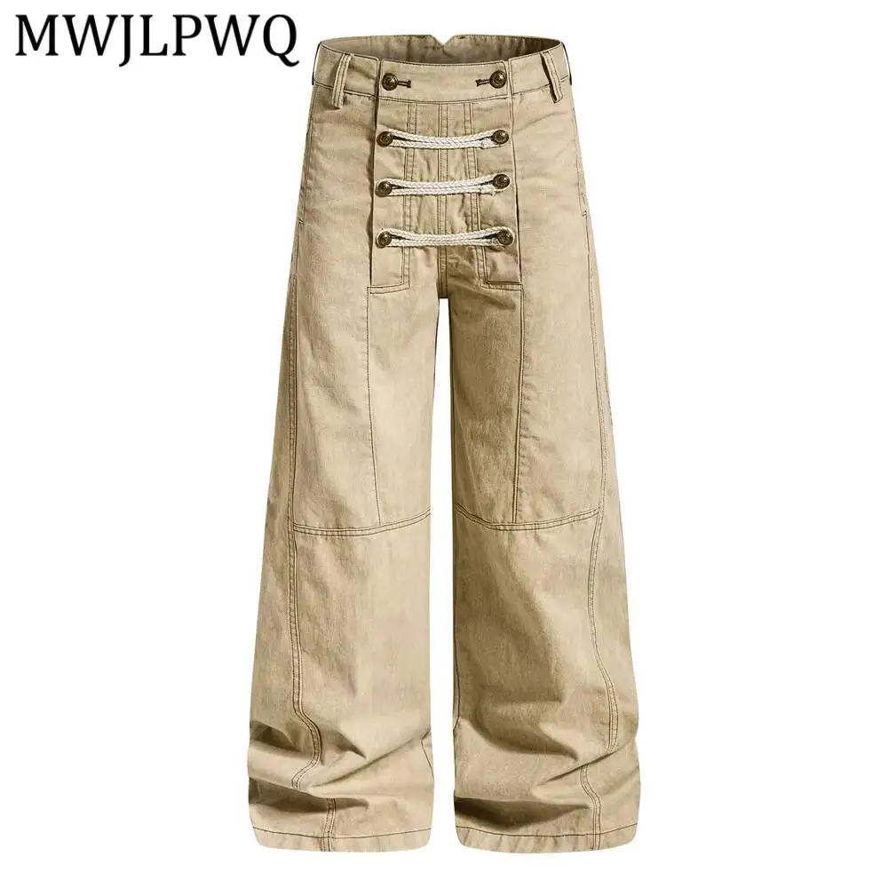 MWJLPWQ Stylish Double-Breasted Casual Straight-Leg Pants For Men Unique Niche Deconstructed Patchwork Wide-Leg Trousers 17214